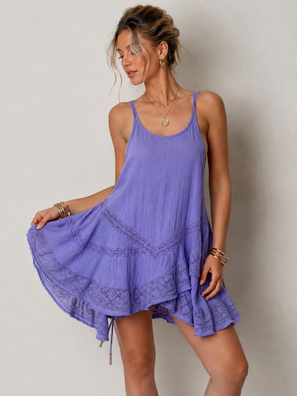 Free People Lost In Lace Tunic Top XS Purple Tiered Boho Crochet Open Back